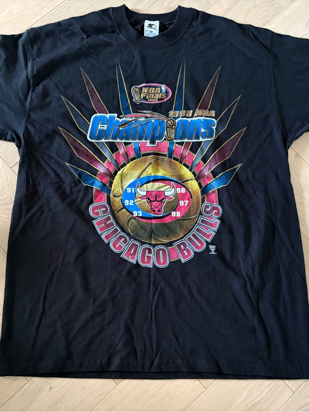 1998 Starter VTG Chicago Bulls NBA Finals Champions Black Tee Shirt Mens Sz XL - Picture 2 of 9